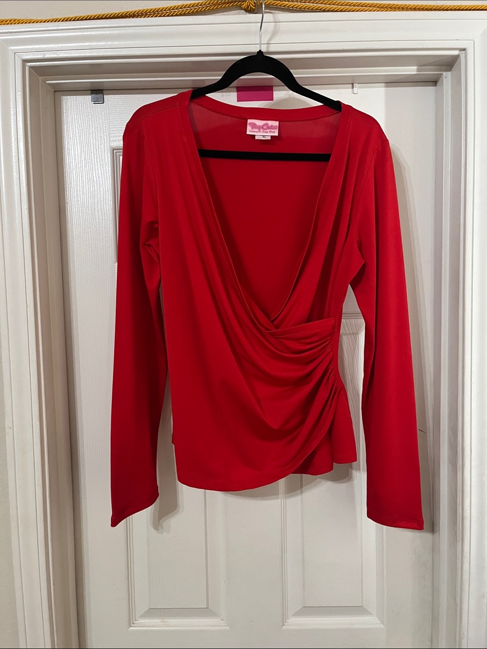 Pinup Couture Red Draped V-Neck Long Sleeve Top